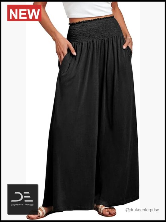 Pants - Wide Leg Palazzo Pants with Pockets, High Rise Smocked Waist, Summer Boho